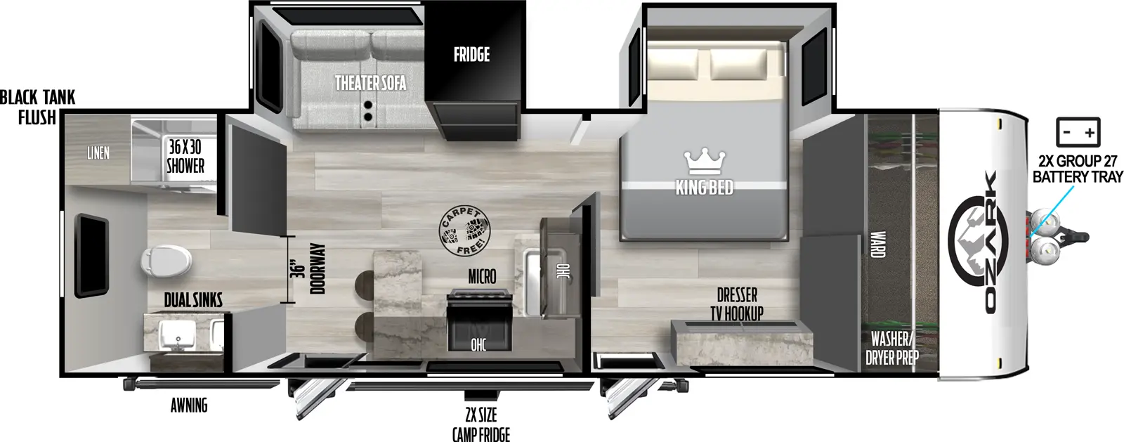 The 2630RBK has two slideouts and two entries. Exterior features front 2x group 27 battery tray, 2x size camp refrigerator, awning, and black tank flush. Interior layout front to back: front wardrobe with washer/dryer prep, off-door side king bed slideout, and door side dresser with TV hookup and entry door; kitchen counter with sink wraps from inner wall to door side with microwave, cooktop, and wraps to peninsula with bar stools and second entry door; off-door side slideout with refrigerator and theater sofa; rear full bathroom with 36 inch doorway, linen closet, and dual sinks. Carpet Free Interior.